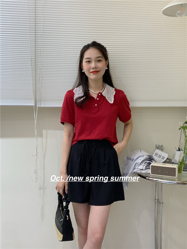 [OCT] Korean sweet lace collar short sleeve T-shirt 8215\hjy