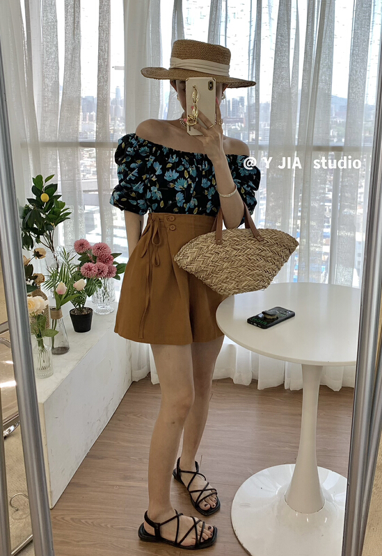 Original price 84.60! [y.jia EJA] off shoulder floral blouse drawstring short suit 6122\pcz