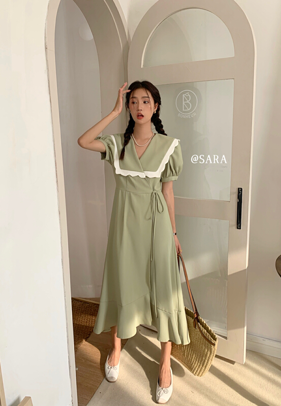 [Sara] French contrast bandage dress 18019
