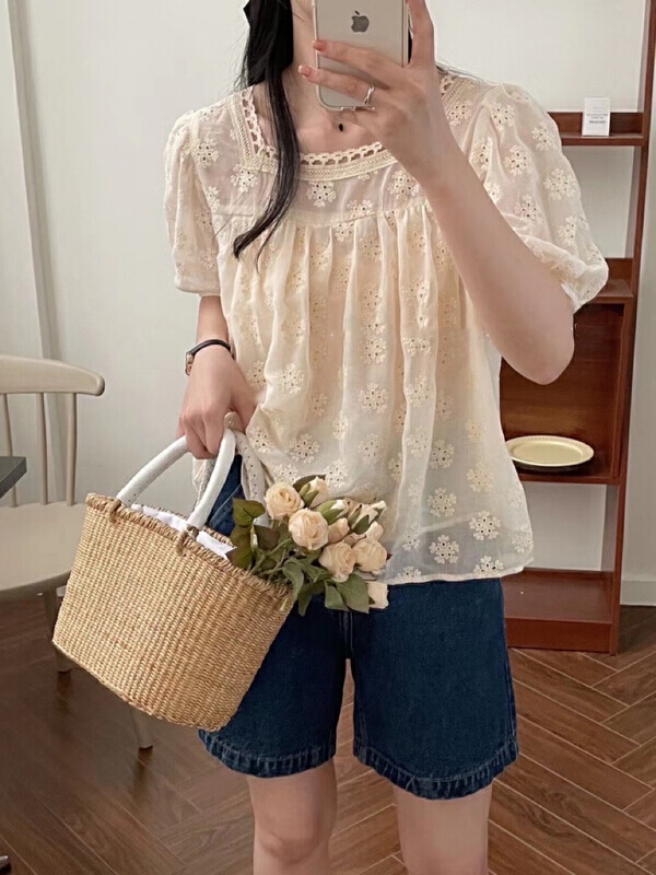 【E】 Casual simple square neck embroidered shirt j039\xyy