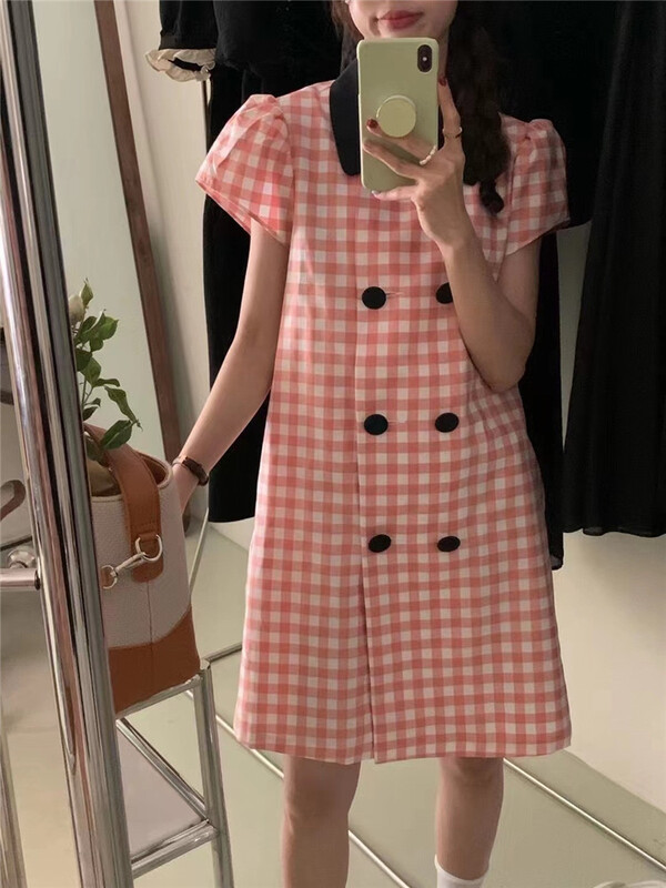 [jelly house] Korean style lattice double breasted dress 7105\hbx