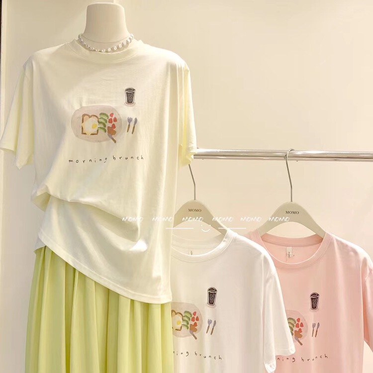 【 Momo 】 casual round neck food printed short sleeve T-shirt 3901\hbx