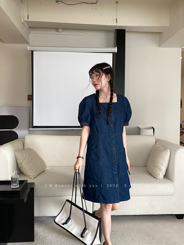 [event with you] Korean button up square neck bubble sleeve denim dress 2m151\lsw