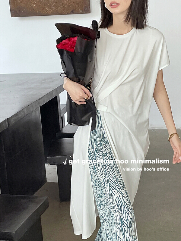 [gracetina Hoo] simple solid color medium length irregular dress ly586