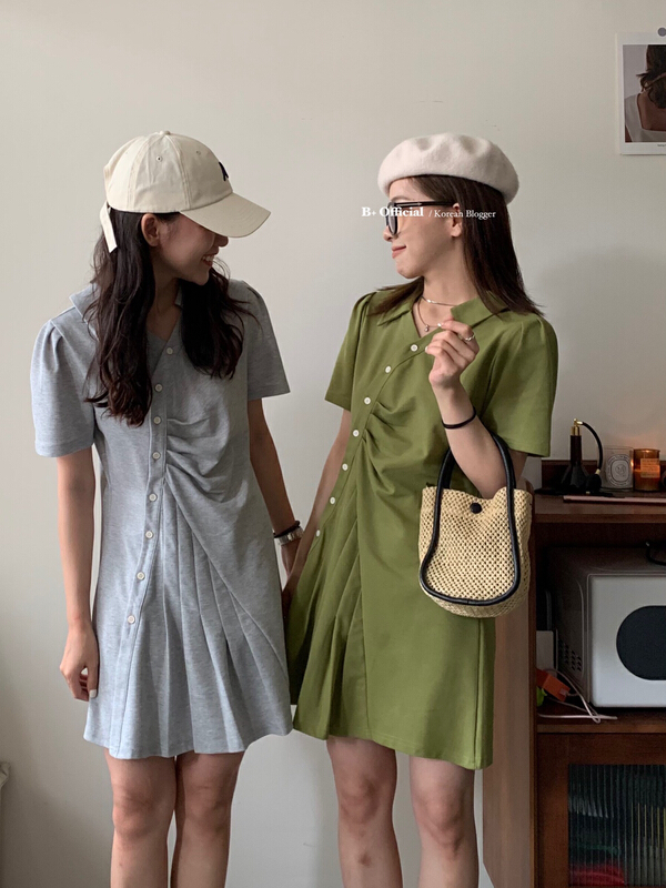 [B plus] little woman polo collar button design Short Sleeve Dress 22-388-2\hbx
