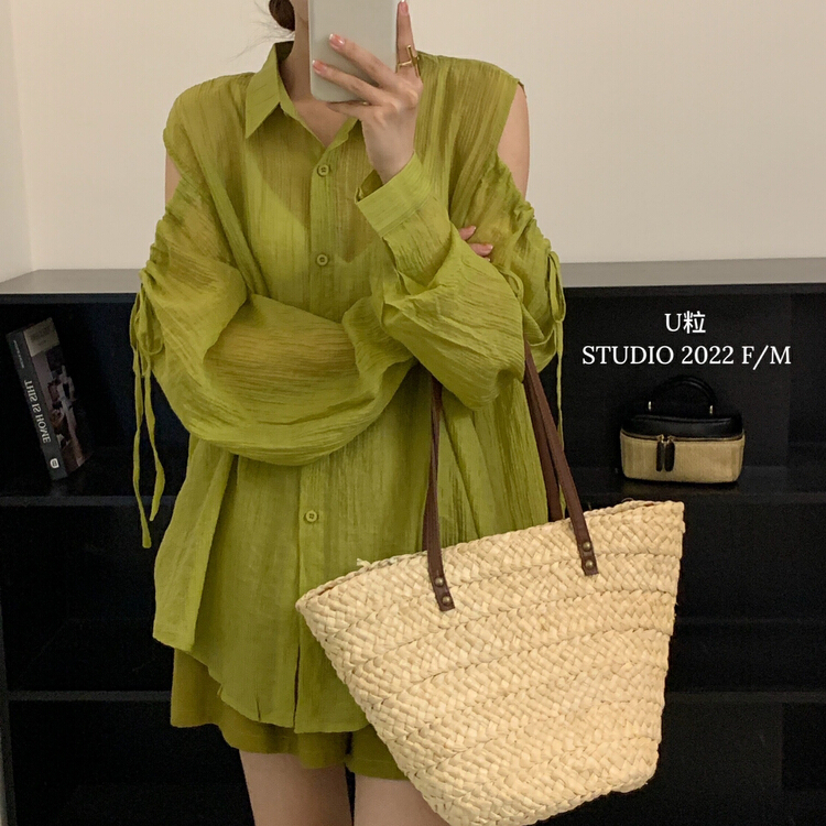 [U grain] summer shoulder pleated design new sunscreen shirt 6177\hbx