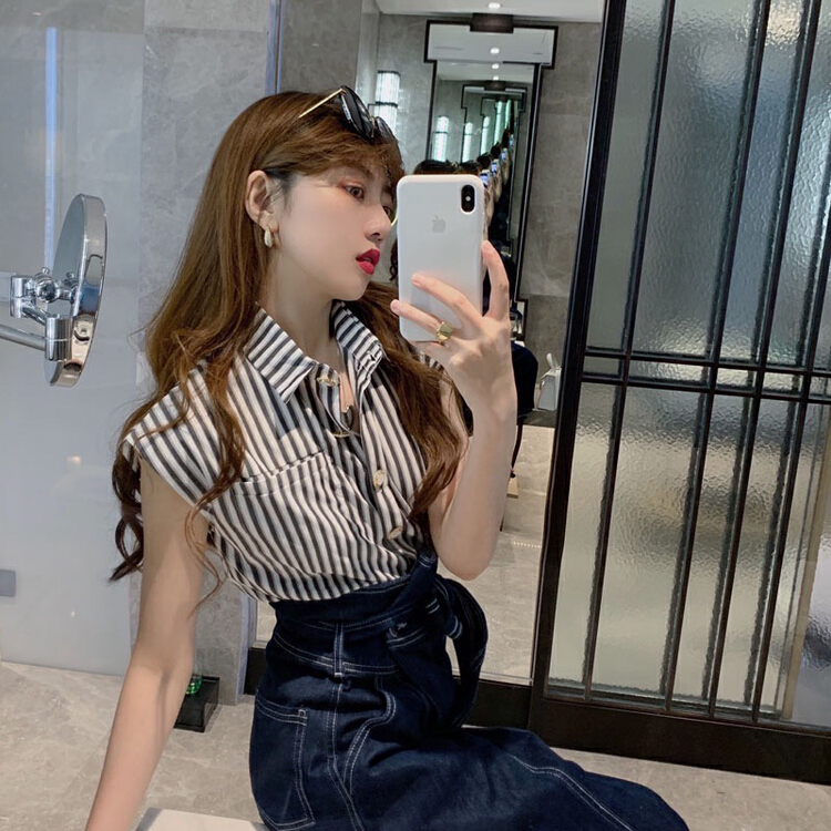 [y.jia EJA] simple vest striped shirt + design slit denim skirt two piece suit (with belt) ys1-6728\pcz
