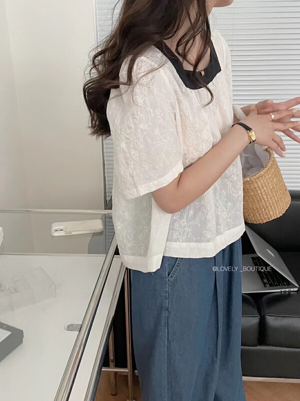 【 love 】 temperament square neck embroidery lace hook flower dew back lace up blouse s1626\hbx