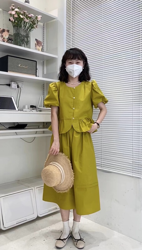 [c.hfeiyang] round neck bubble sleeve blouse + high waist slim skirt suit 6803\hbx