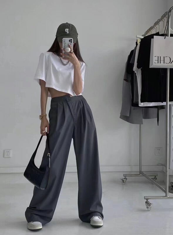 [Yan Zhen] diagonal buckle straight relaxed pants 54588\pcz