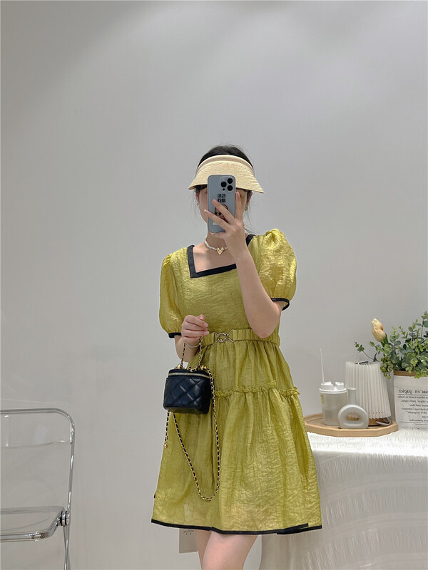 [AOT] Korean color blocked square neck bubble sleeve dress (with belt) 5399\xyy