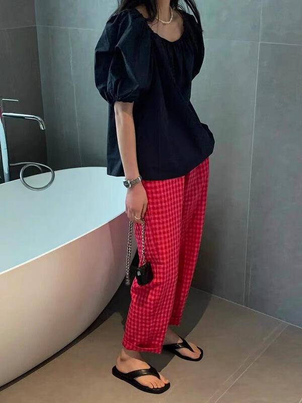 [yipinjia] elastic waist contrast checked casual pants 9037\wtt