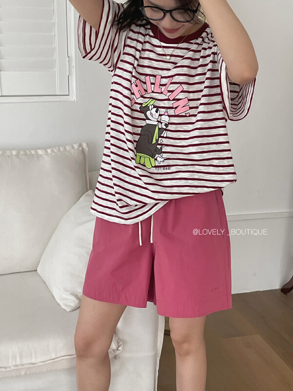 【 love 】 Korean casual Cartoon Bear print stripe short sleeve T-shirt z1100\hbx