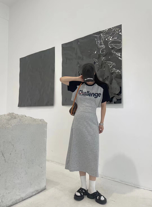[rainbow] long dress with missing waist letter color blocking 08218