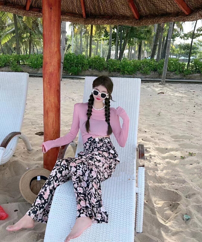 [MI] Korean ice silk sunscreen shirt + Floral Chiffon casual pants set (only selling sets) 9755\pcz