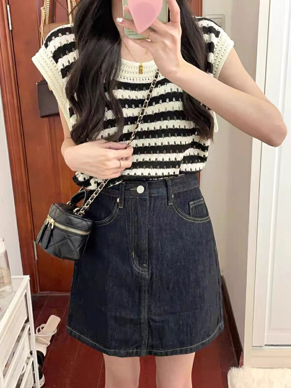 [Huaxi] striped hollow out Knitted Vest + denim skirt suit 9171\pcz