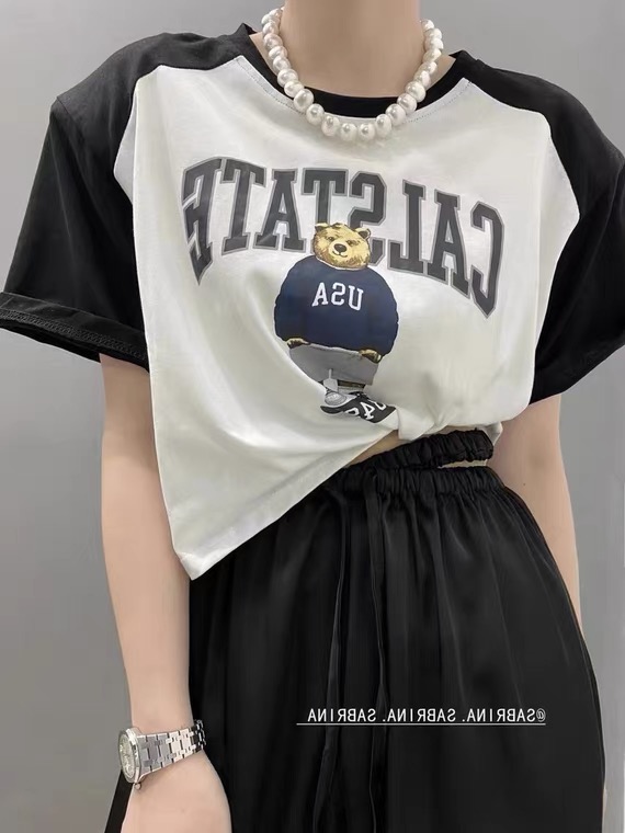 [w+] color blocking bear Pullover short sleeve T-shirt 5015\wtt