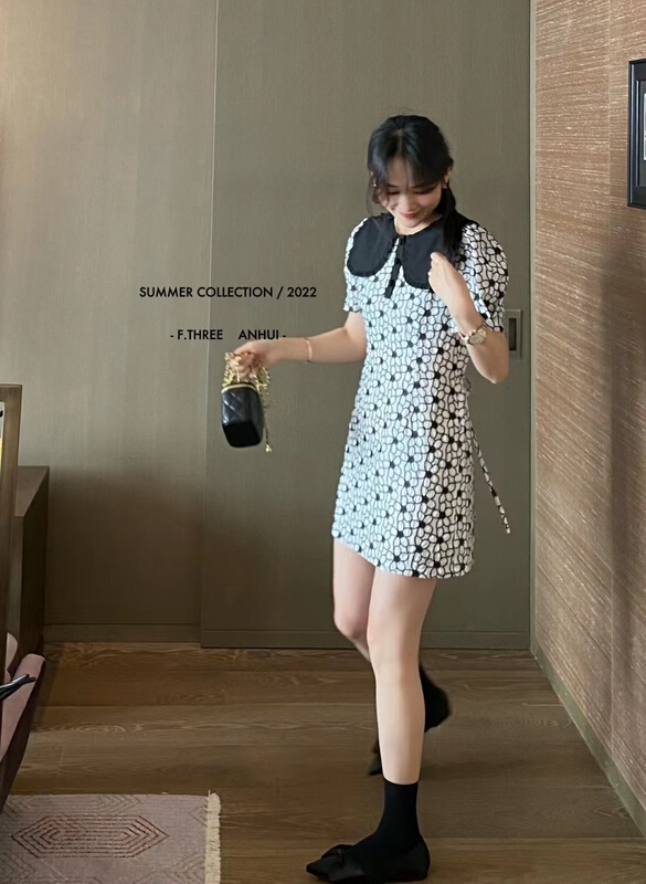 [f.three] solid pattern color contrast edge waist closing design dress 95253\xj