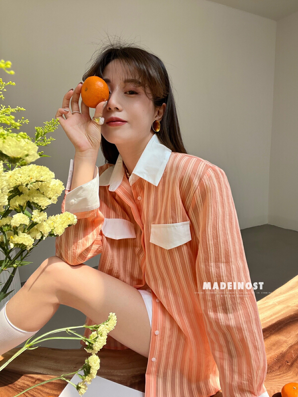 [OSHA madeinost] stripe color contrast advanced single breasted sunscreen shirt 86285 \ll