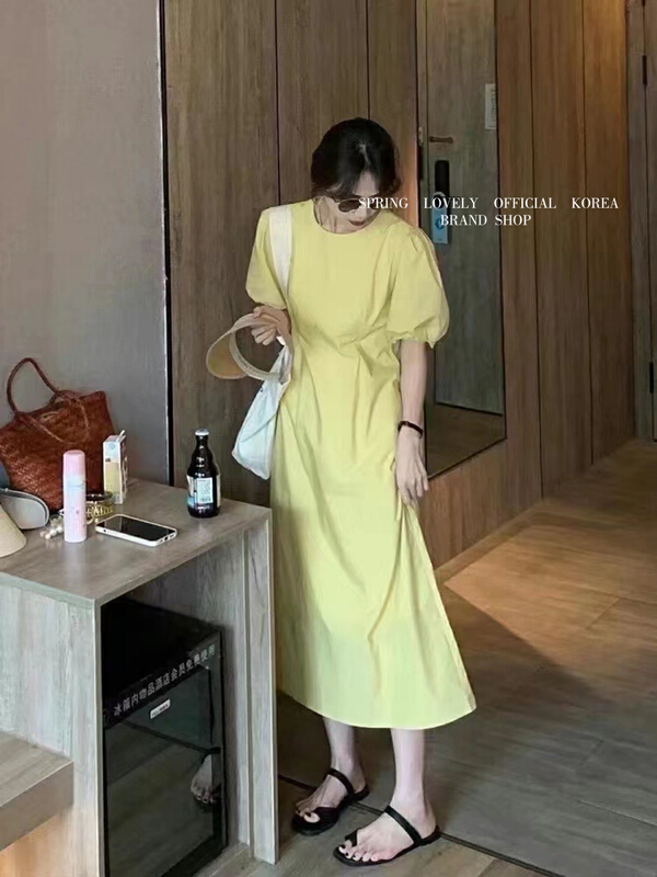 [love] simple temperament, slim waist, bubble sleeve dress s1637\hbx