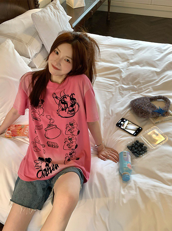 Live broadcast ④! [wgwe] print round neck design sense of minority Spice Girls short sleeve T-shirt 1955\pcz
