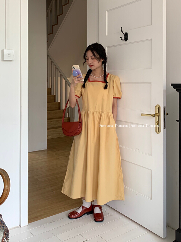 [from Anna] Korean color contrast mosaic bubble sleeve square neck dress 6191\lsw