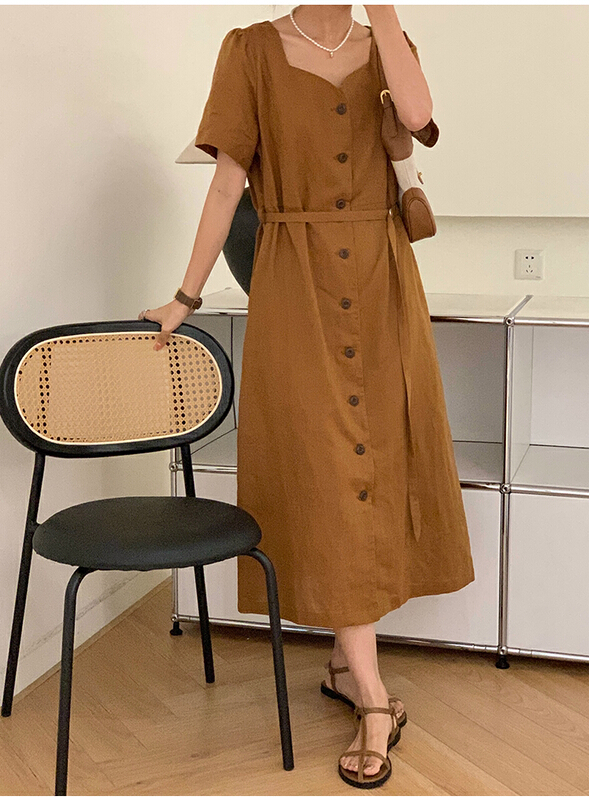 [the mind] square neck single breasted cotton linen solid dress (with waist rope) 60552\jhy