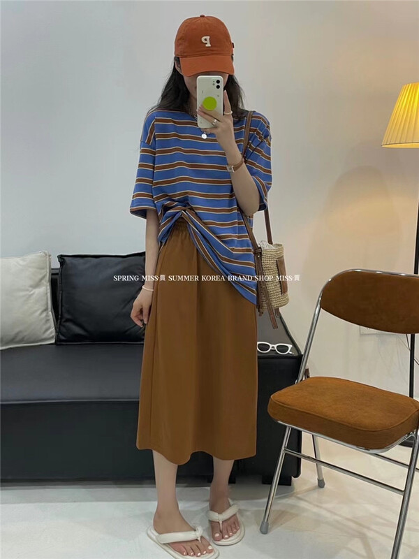 [Miss Jia] loose stripe versatile Top + comfortable solid skirt suit 3385\xyy