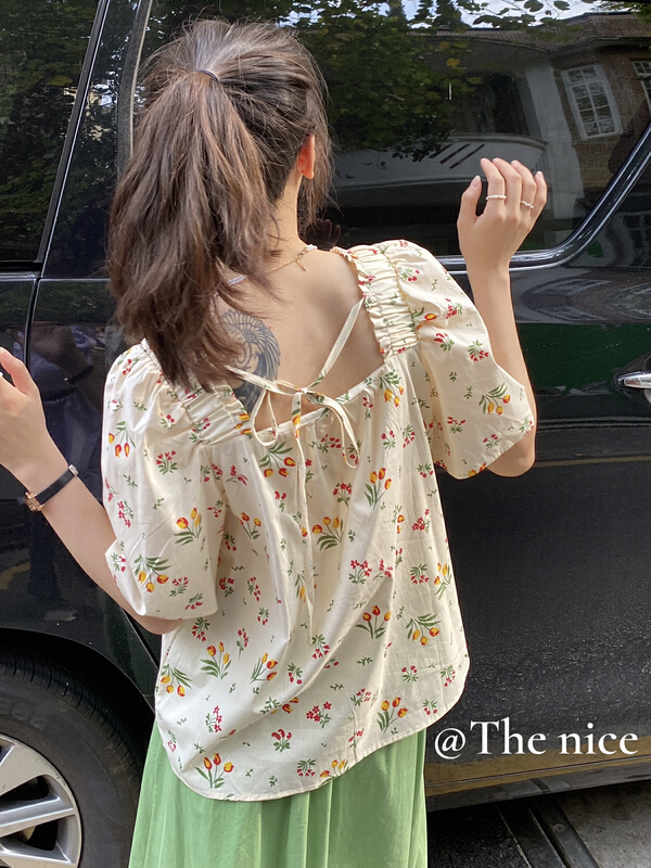 [the nice] square neck back lace up floral shirt a9276\hjy