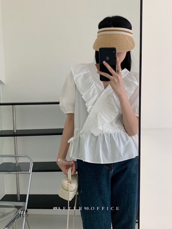 [after.90] V-neck Ruffle waist shirt 6778\ll