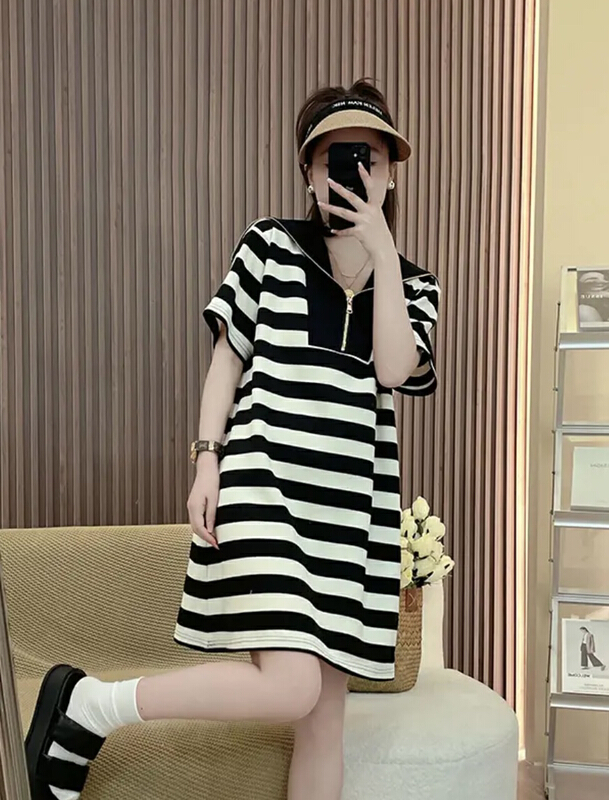 [JH] Navy collar stripe contrast loose dress (dress only) 41898\pcz
