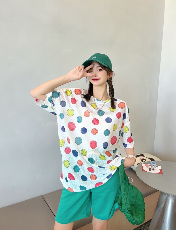 [Irene] contrast round neck loose short sleeve T-shirt 2378\wtt