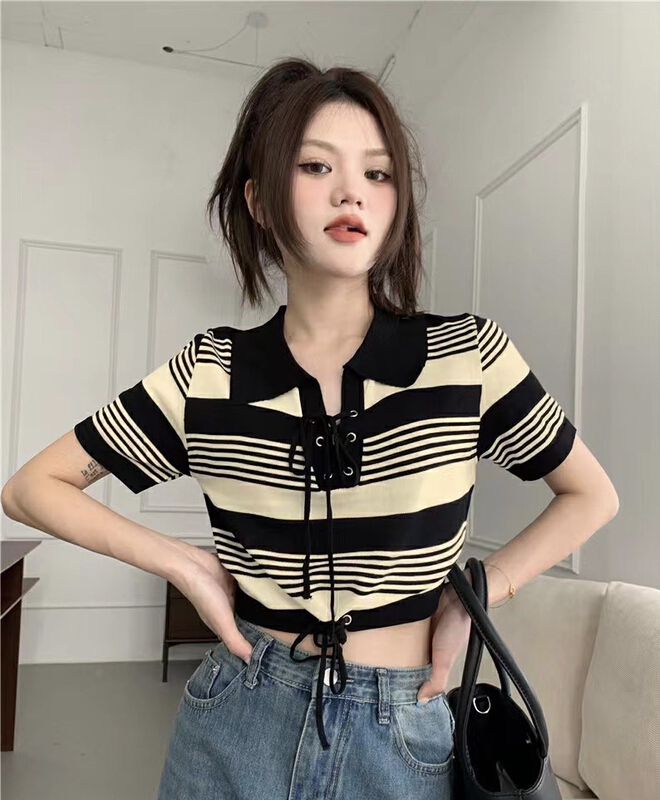 [f · P] fashionable foreign style polo collar lace up versatile T-shirt 3565\hbx