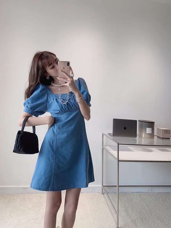 [Vanessa] fresh and simple open back waist denim dress 6306\ozq