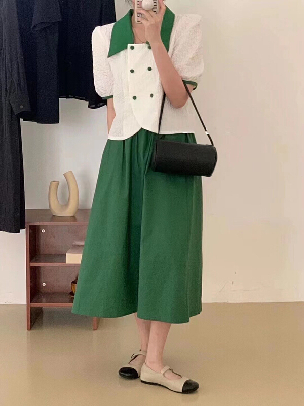 [JH] net red small fragrance color contrast short sleeved shirt + slim skirt suit (suit only) 41822\pcz