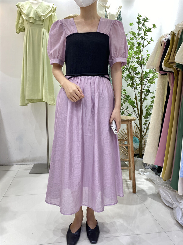[sunny] Han Shu patchwork square neck dress 1981\hjy