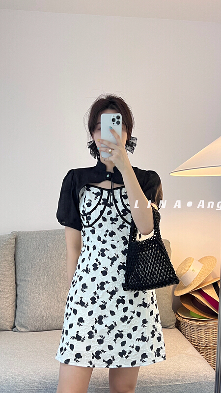 [Lina] temperament fashion blouse + pattern suspender dress set 0192\hjy