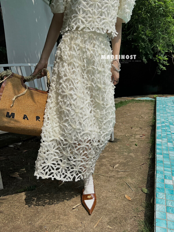 [OSHA madeinost] high set hollow out winding yarn elastic waist skirt 86329\ll