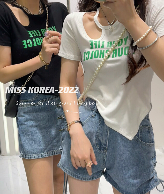 [Miss Korea] letter printed hot girls' leaky collarbone short sleeve T-shirt 6837\hbx