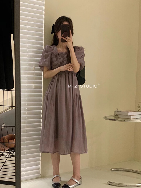 [m.zi studio] square neck style waist closing bubble sleeve dress 16157\hbx