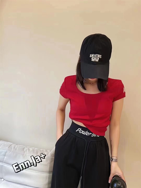 [muzijia] short U-neck shoulder pad short sleeve T-shirt 66981\xyy