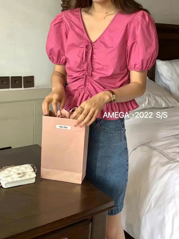 [amega] simple V-neck lace up blouse 6303\hbx
