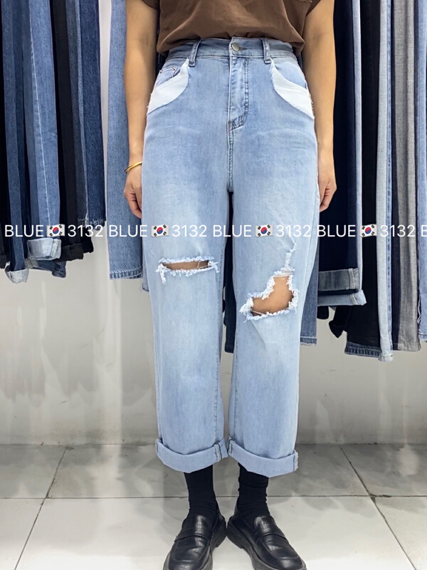 [blue] high elasticity, holes, elastic waist, color blocking design, jeans 3132\zjy