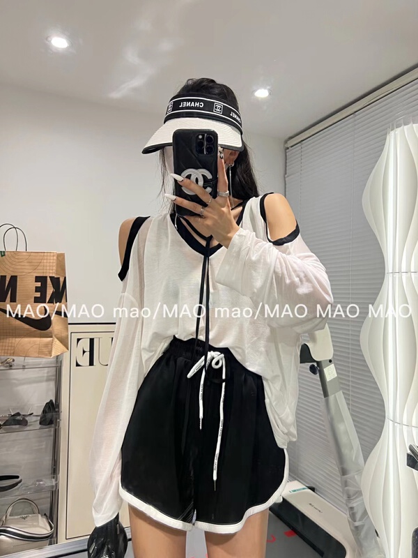 [Maomao] simple fashion loose shoulder long sleeve T-shirt 805\wtt