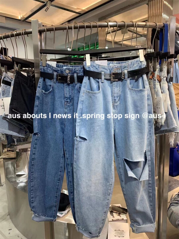 【 aus 】 broken hole Harlan slim western style jeans (with belt) 6932\pcz
