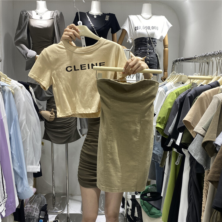 [top] letter printed short sleeve T-shirt + high waist slim skirt set 9263\zjy