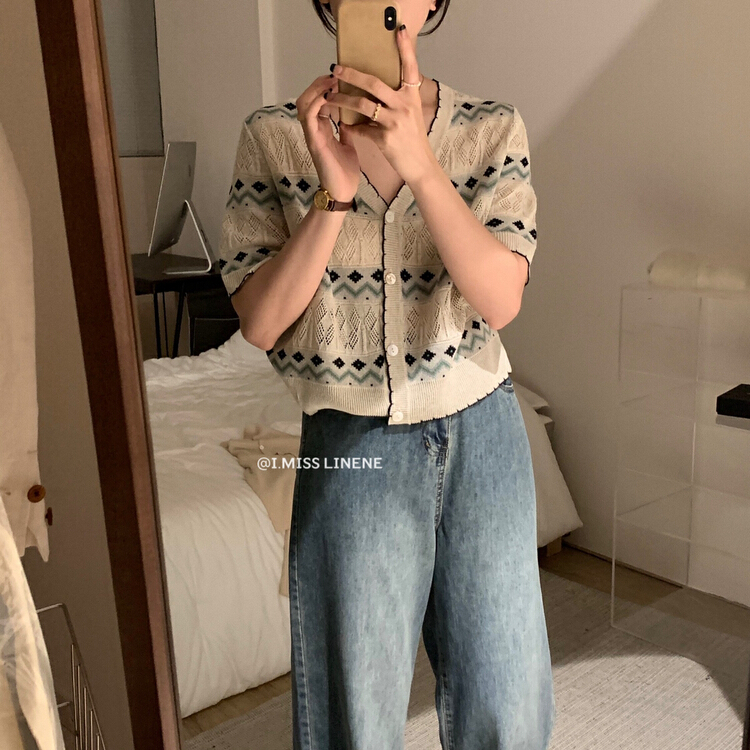 [Imiss] Vintage V-neck wave edge hollow out T-shirt cx0208\lsw