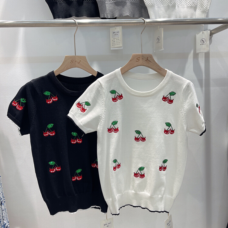 [S.J] versatile short sleeve round neck embroidered sequined cherry T-shirt 6857\lsw
