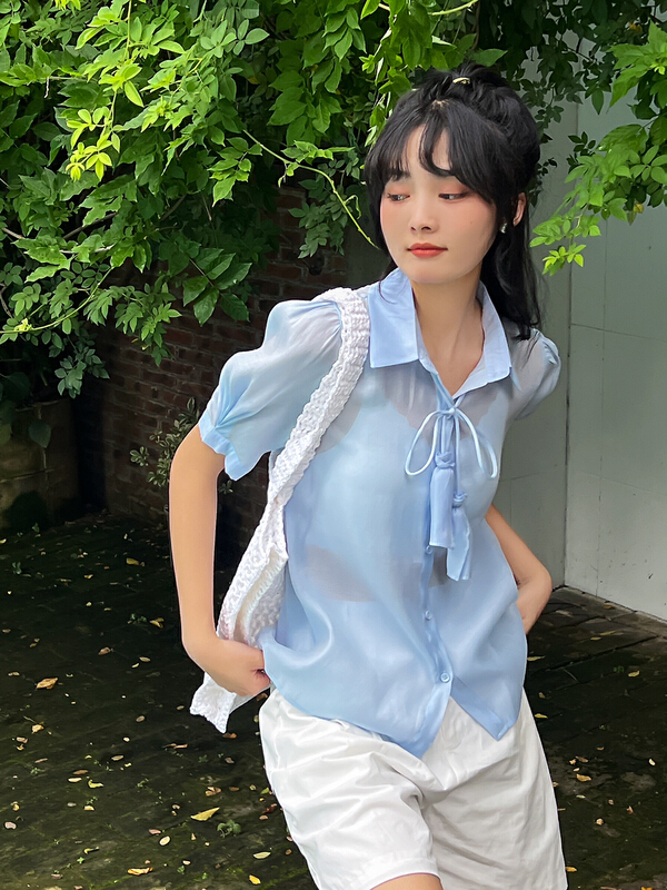 [rong'er family] Korean simple bubble sleeve shirt (with tie) 51939\hjy