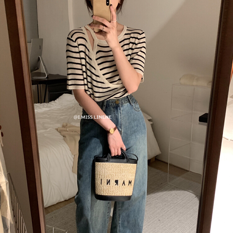 [Imiss] Korean minority stripe hollow out T-shirt cx0207\lsw